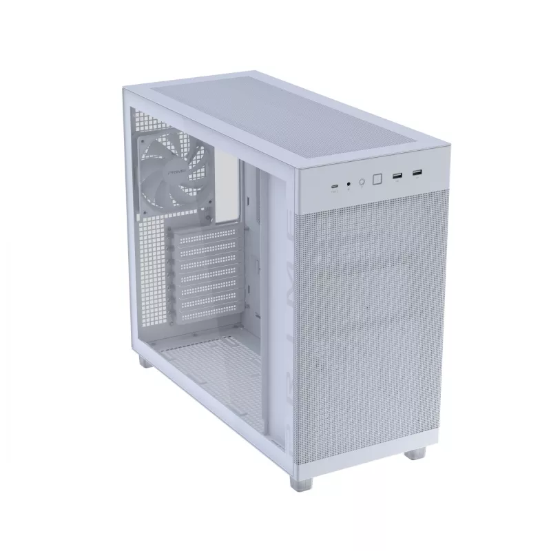 PC korpuss ASUS PRIME AP303 TG balta — ATX/Micro-ATX/Mini-ITX, rūdīts stikls, USB-C, 360 mm GPU atbalsts
