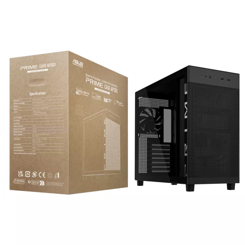ASUS PRIME AP303 TG Melns, PC, Melns, micro ATX, Mini-ITX, ATX, 16,5 cm, 36 cm, 18 cm