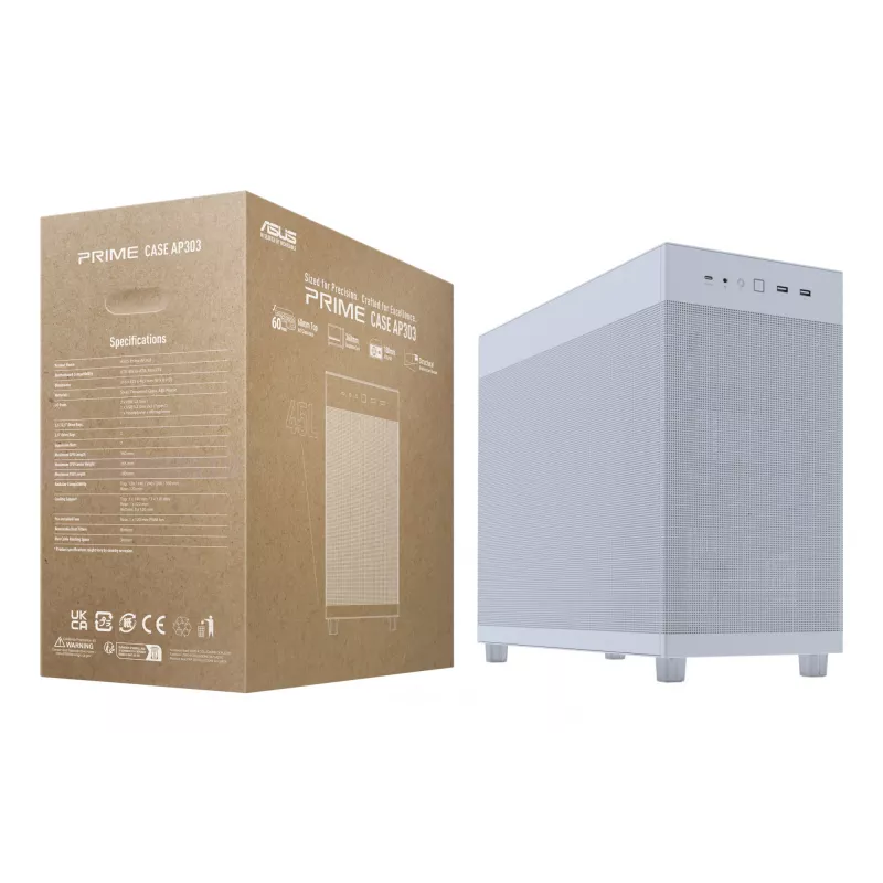 PC korpuss ASUS PRIME AP303 Mesh Midi Tower balts — ATX/Micro ATX/Mini-ITX, GPU līdz 36 cm, barošanas bloks līdz 18 cm, CPU dzesētāja augstums 16,5 cm