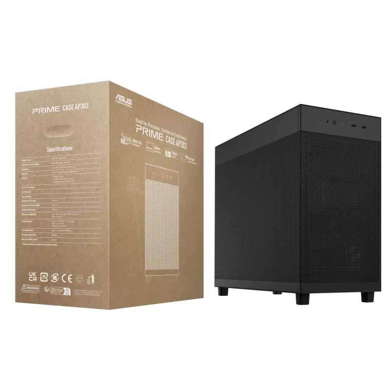 PC korpuss ASUS Prime AP303 Mesh Midi Tower — ATX, atbalsta GPU 36 cm, CPU dzesētāju 165 mm, USB-A 2×, USB-C 1