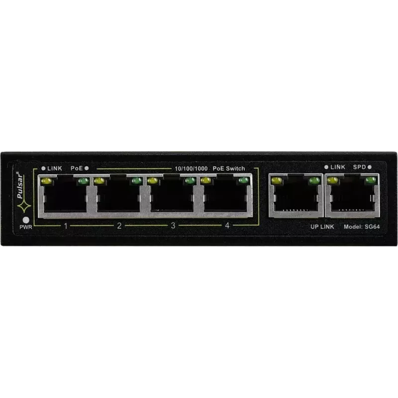 PULSAR Gigabit PoE slēdzis SG-64 — 4 PoE porti, 2 augšupsaites porti