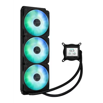 Universāls šķidruma dzesētājs ASUS Prime LC 360 ARGB LCD — 360 mm radiators, 3x 120 mm ventilatori, LCD, PWM, melns