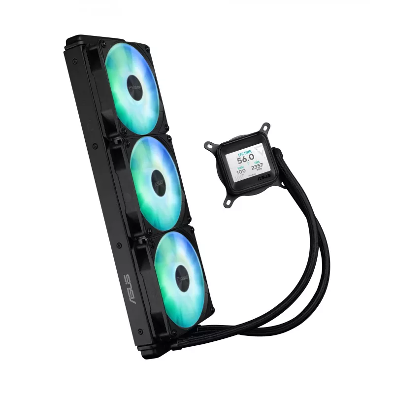 Universāls šķidruma dzesētājs ASUS Prime LC 360 ARGB LCD — 360 mm radiators, 3x 120 mm ventilatori, LCD, PWM, melns