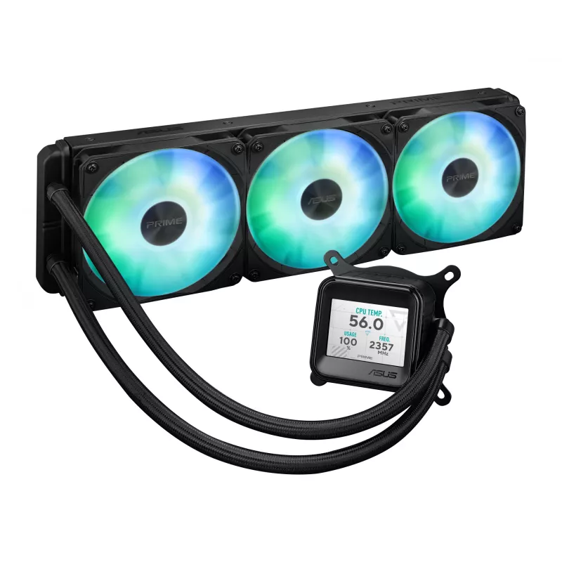 Universāls šķidruma dzesētājs ASUS Prime LC 360 ARGB LCD — 360 mm radiators, 3x 120 mm ventilatori, LCD, PWM, melns