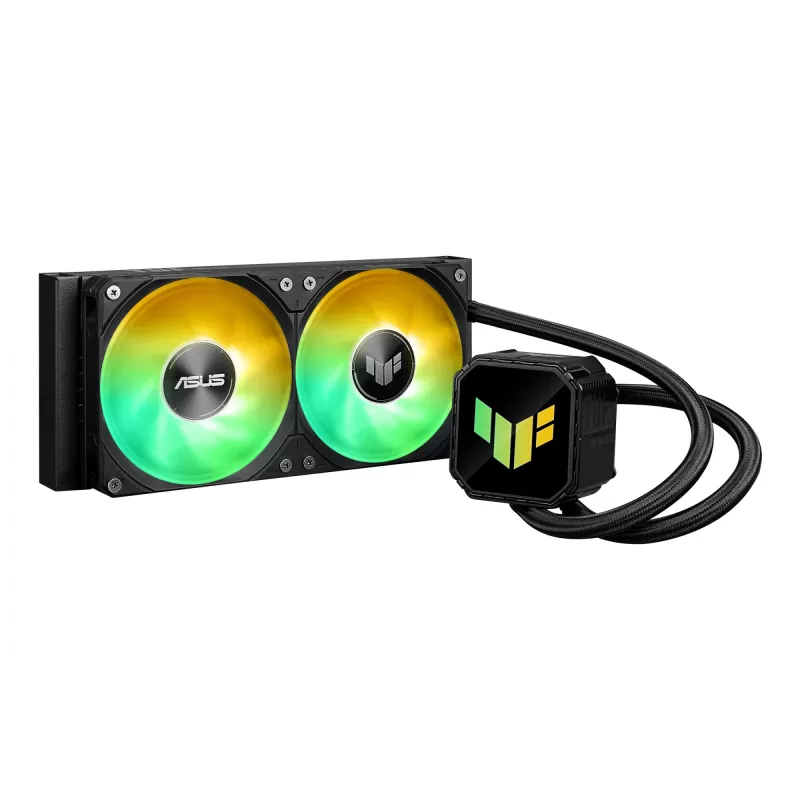 Viss vienā šķidruma dzesētājs ASUS TUF GAMING LC III 240 ARGB — 240 mm radiators, 2 x 120 mm ARGB ventilatori, Socket AM5 atbalsts, Melna