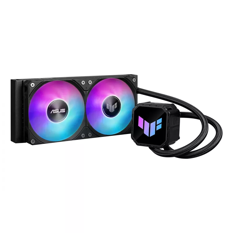 Viss vienā šķidruma dzesētājs ASUS TUF GAMING LC III 240 ARGB — 240 mm radiators, 2 x 120 mm ARGB ventilatori, Socket AM5 atbalsts, Melna