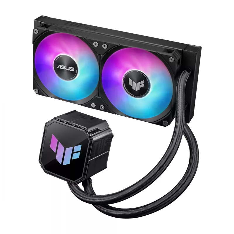 Viss vienā šķidruma dzesētājs ASUS TUF GAMING LC III 240 ARGB — 240 mm radiators, 2 x 120 mm ARGB ventilatori, Socket AM5 atbalsts, Melna