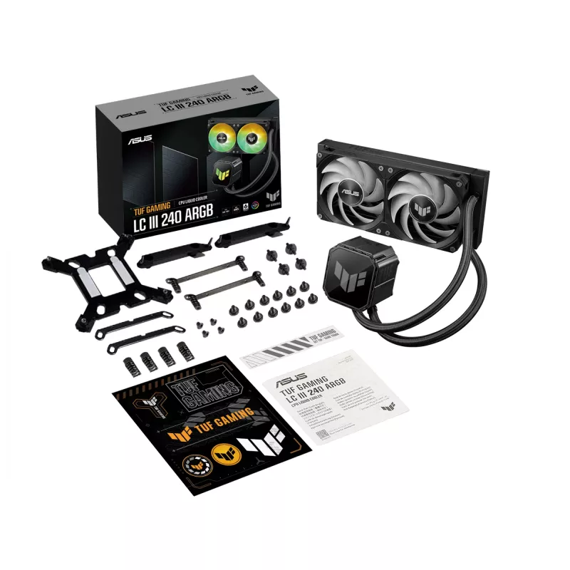 Viss vienā šķidruma dzesētājs ASUS TUF GAMING LC III 240 ARGB — 240 mm radiators, 2 x 120 mm ARGB ventilatori, Socket AM5 atbalsts, Melna