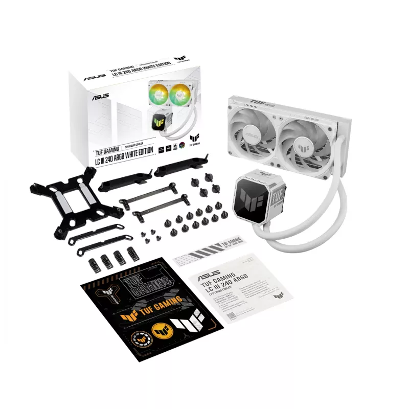 Universāls šķidruma dzesētājs ASUS TUF GAMING LC III 240 ARGB WHT – 240 mm radiators, 2x 120 mm ventilatori, PWM, balts