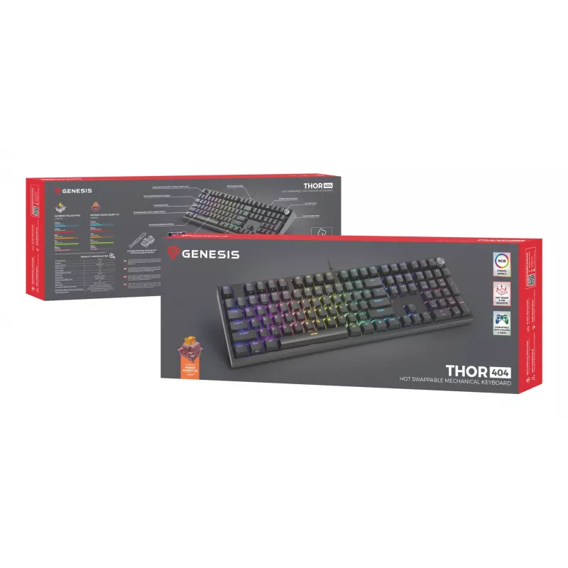Mehāniskā tastatūra Genesis THOR 404 — pilna izmēra 100% USB QWERTY angļu, melna, RGB