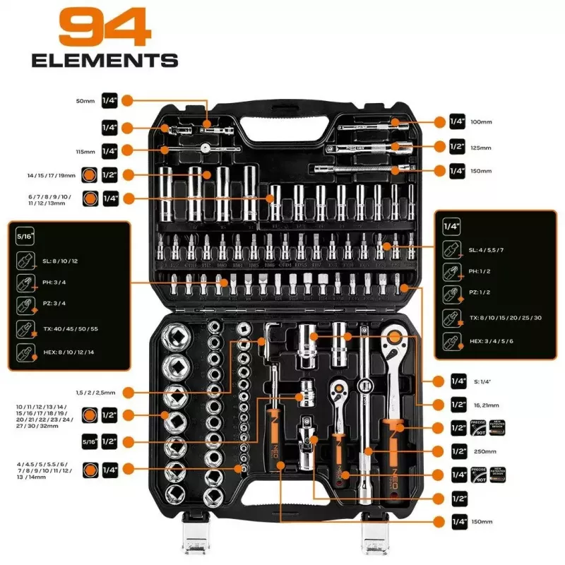 Uzgaļu komplekts NEO Tools 10-062, 1/2 collu piedziņa, 10 gab.