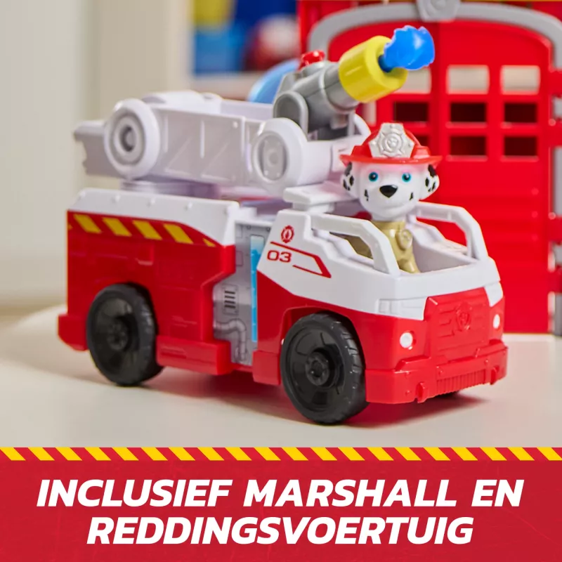 PAW Patrol Ugunsdzēsības glābšanas vadības centrs ar Māršala figūriņu, glābšanas ugunsdzēsēju mašīnu, gaismām, palaišanas mehānismu un skaņas efektiem, rotaļlietas bērniem zēniem un meitenēm no 3 gadu vecuma