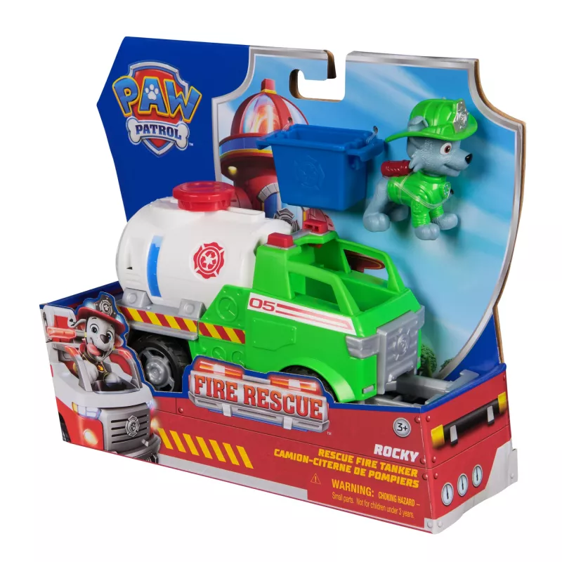 PAW Patrol Ugunsdzēsības glābšana: Rocky glābšanas ugunsdzēsības autocisterna ar figūriņu, satveršanas spīli un rotaļu kravas automašīnu, rotaļlietas zēniem un meitenēm vecumā no 3 gadiem