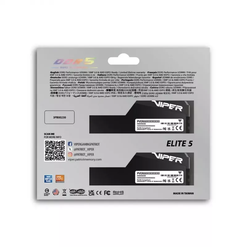 Galddatora DDR5 operatīvā atmiņa PATRIOT Viper Elite 5 Ultra 64GB (2x32GB) 6000MHz CL28 1.4V ar radiatoru