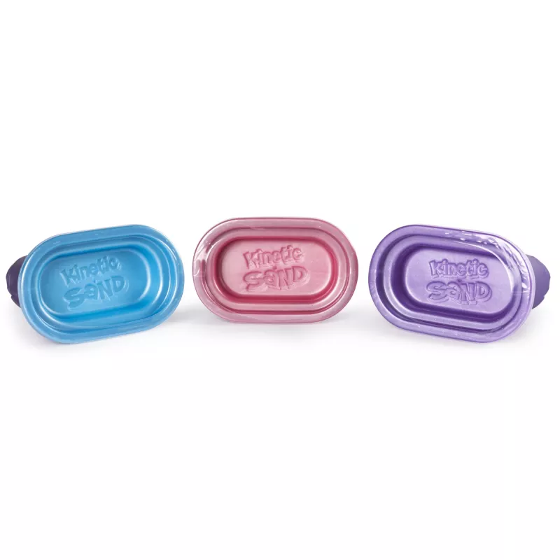 Kinetic Sand, Shimmer Sand 3 komplekts ar veidnēm un 12 oz, Bērnu kinētiskās smiltis, 4 gadi, Netoksisks, Plastmasa, Zila, Rozā, Violeta