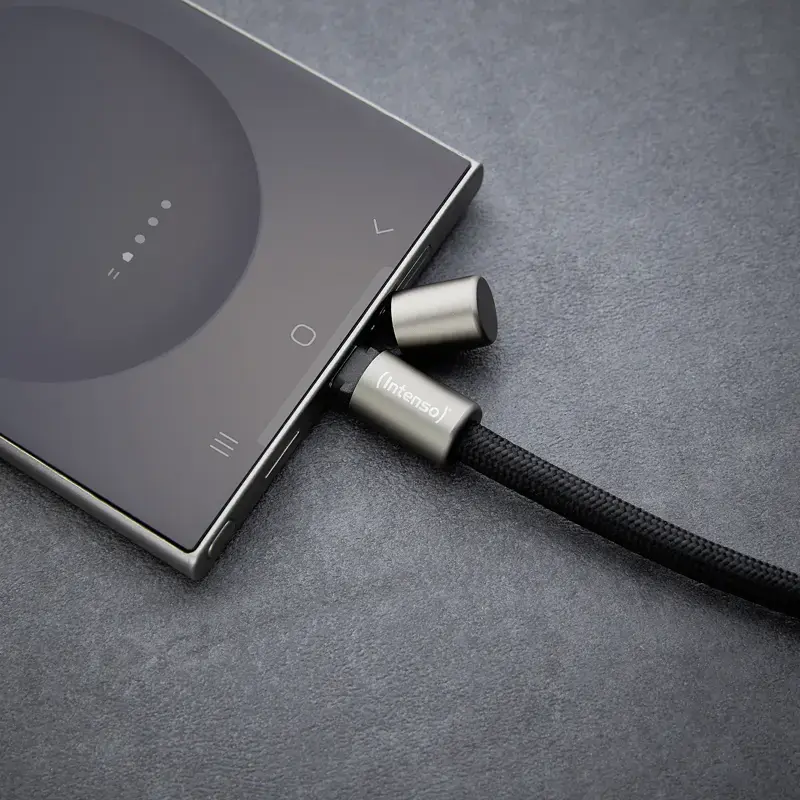 Intenso USB-C uzlādes štrope tālruņa kakla siksnas kabelis 60W ātrā uzlāde regulējams garums 1,65m neilons melns