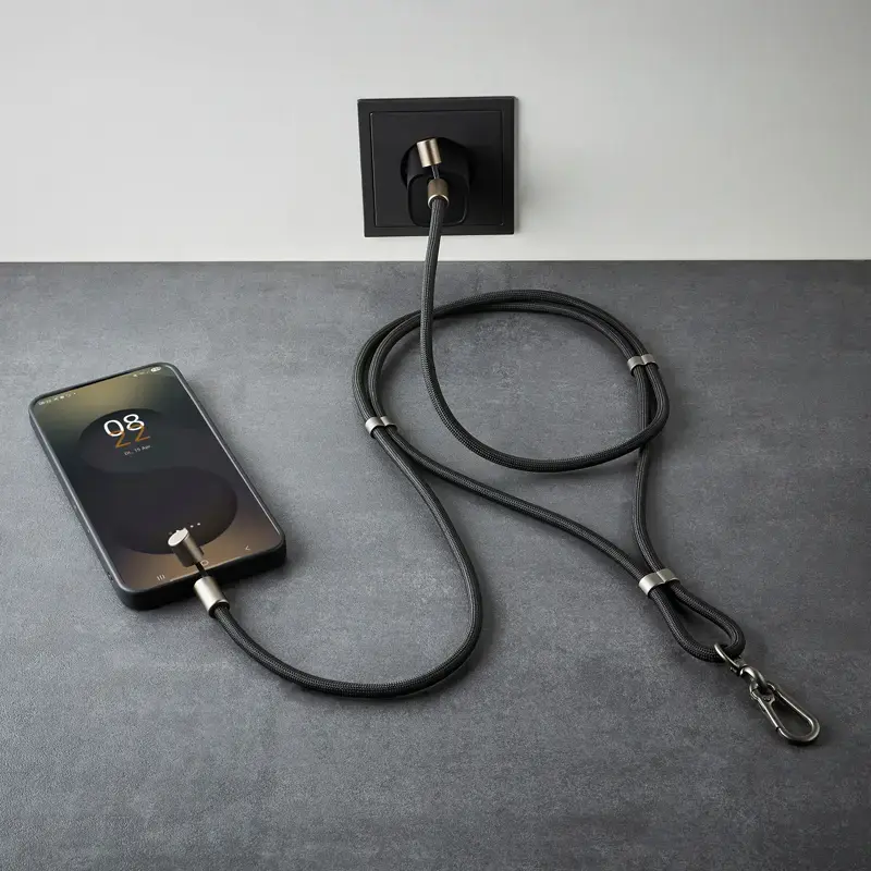 Intenso USB-C uzlādes štrope tālruņa kakla siksnas kabelis 60W ātrā uzlāde regulējams garums 1,65m neilons melns