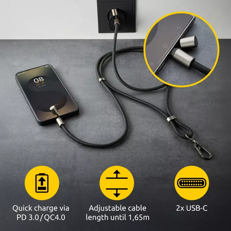 Intenso USB-C uzlādes štrope tālruņa kakla siksnas kabelis 60W ātrā uzlāde regulējams garums 1,65m neilons melns