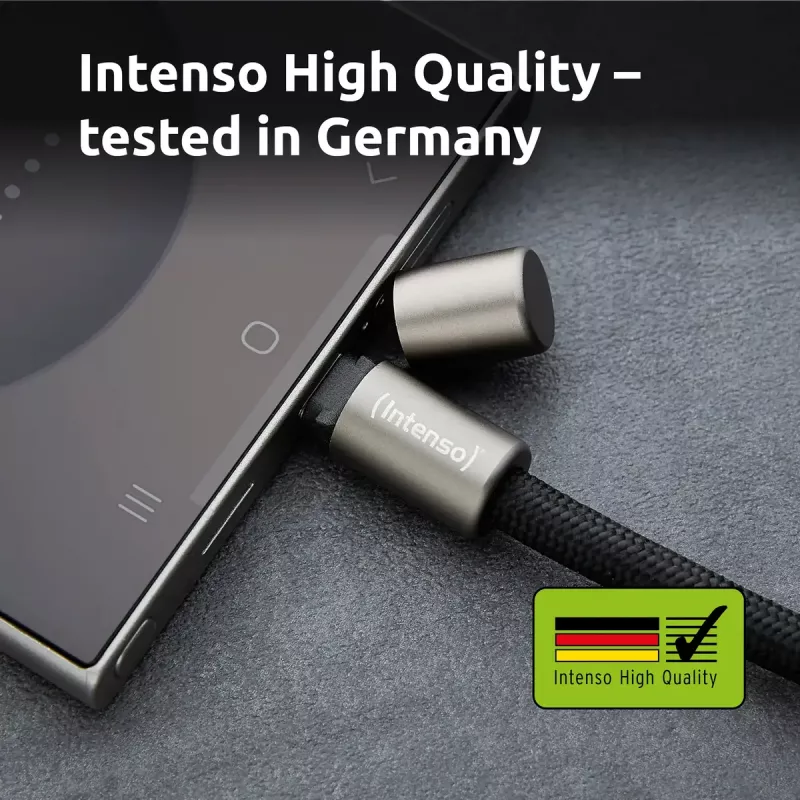 Intenso USB-C uzlādes štrope tālruņa kakla siksnas kabelis 60W ātrā uzlāde regulējams garums 1,65m neilons melns