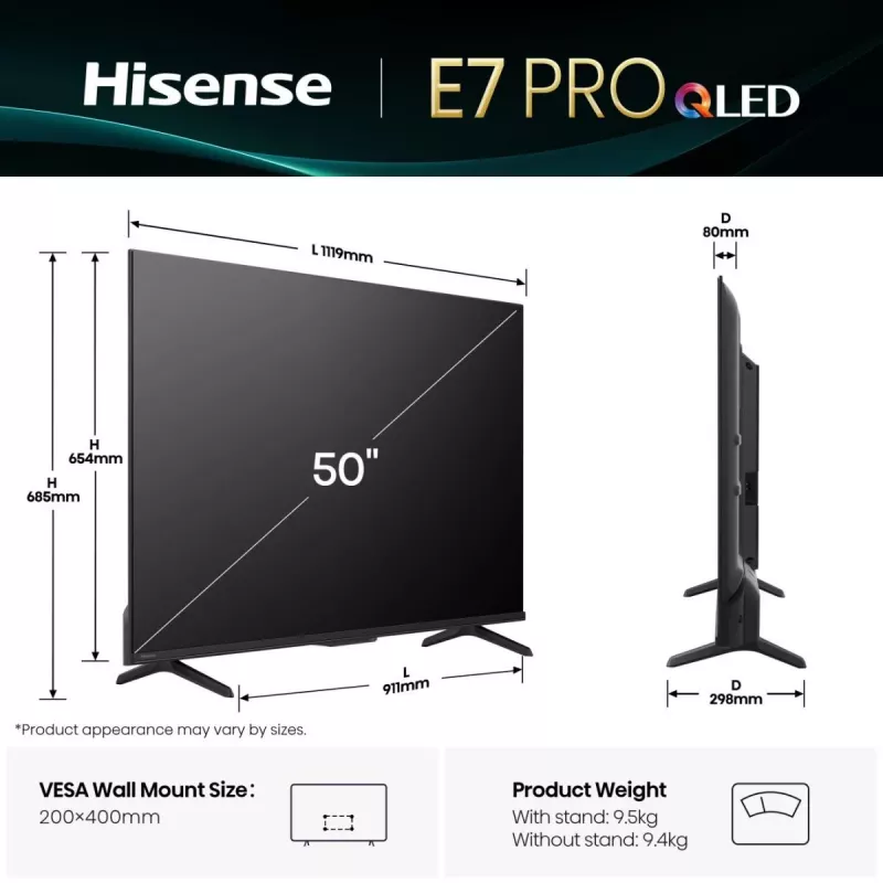 Hisense 50E77Q PRO 127 cm (50 collas) 4K Ultra HD Smart TV Wi-Fi Melns