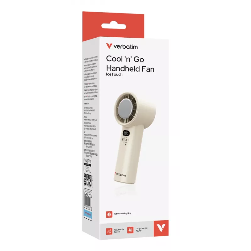 Verbatim Cool’n’Go IceTouch rokas ventilators balts/sudraba, Sudraba, Balts, 1 ventilators(-i), Rokas ventilators, 1 gab., 8 W, Lithium-Ion (Li-Ion)
