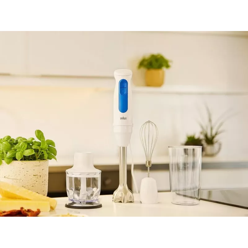Rokas blenderis Braun Household MultiQuick 3 MQ30202M, 900 W, balts/zils, ar smalcinātāju un putojamo slotiņu