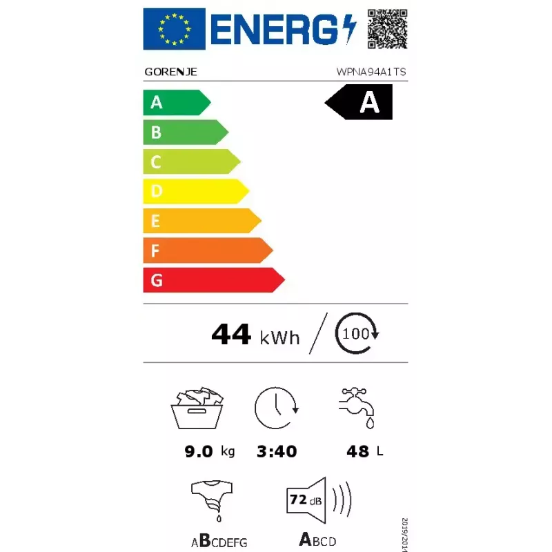 Veļas mazgājamā mašīna Gorenje G600 WPNA94A1TS ar priekšējo ielādi 9 kg 1300 RPM Balta A