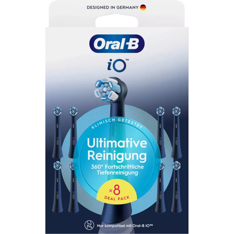 Oral-B iO Ultimate Clean rezerves birstes galviņas — 8 gab., melnas, izcilai aplikuma noņemšanai