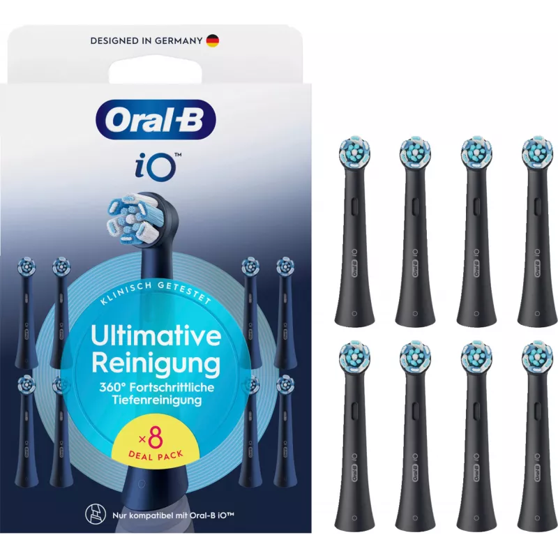 Oral-B iO Ultimate Clean rezerves birstes galviņas — 8 gab., melnas, izcilai aplikuma noņemšanai