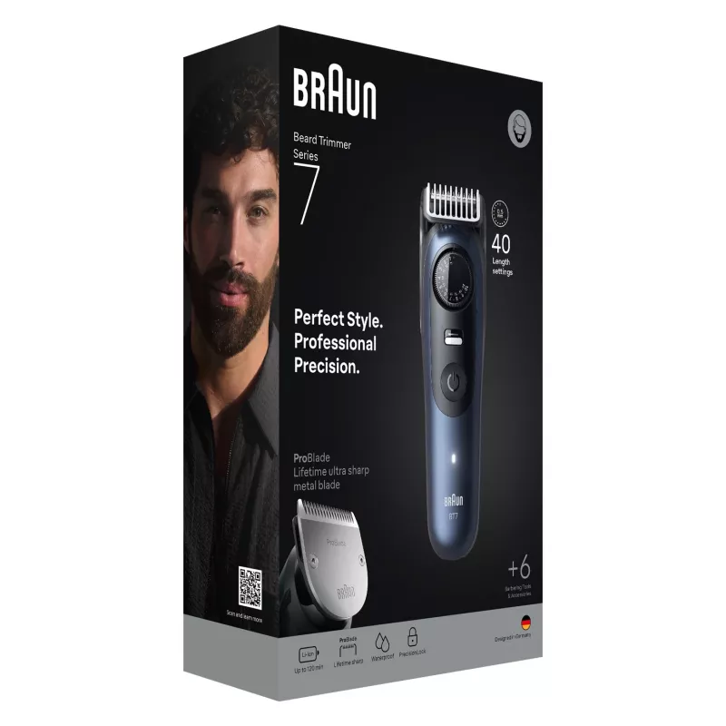 Braun BeardTrimmer 7 BT7520 Baterija 40 2 cm Mitrā un Sausā Melns, Zils