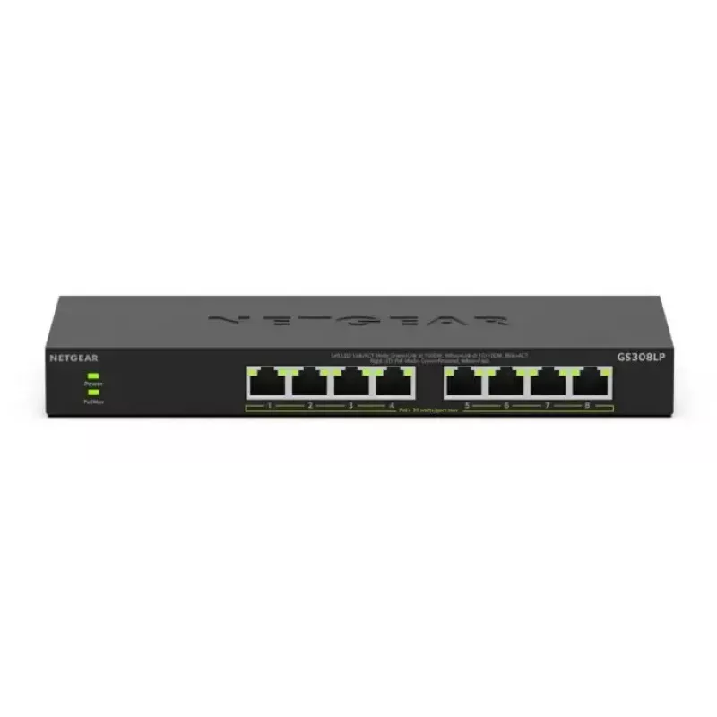 NETGEAR GS308LP Nepārvaldāms Gigabitu Ethernet (10/100/1000) barošana caur Ethernet (PoE) galddators Melns