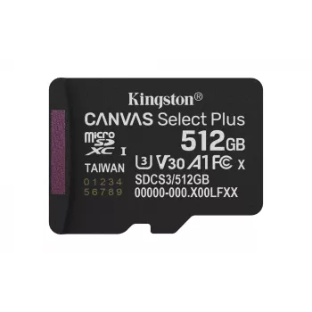 Kingston Technology 512GB micSDXC Canvas Select Plus Gen3 150R A1 viena paka w/o ADP