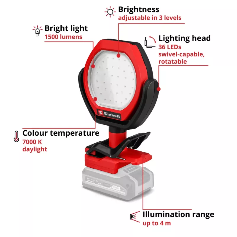 Bezvadu āra lampa EINHELL GC-OL 18/1500 Li‑Solo — LED gaisma, akumulators un lādētājs nav iekļauti