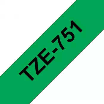 Laminēta līmlente Brother TZe-751 24 mm — melns teksts uz zaļa fona, 8 m, pelēka kasete