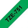 Laminēta līmlente Brother TZe-751 24 mm — melns teksts uz zaļa fona, 8 m, pelēka kasete