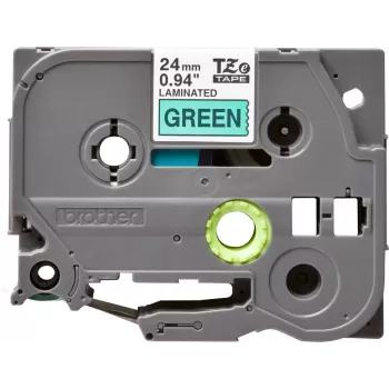 Laminēta līmlente Brother TZe-751 24 mm — melns teksts uz zaļa fona, 8 m, pelēka kasete