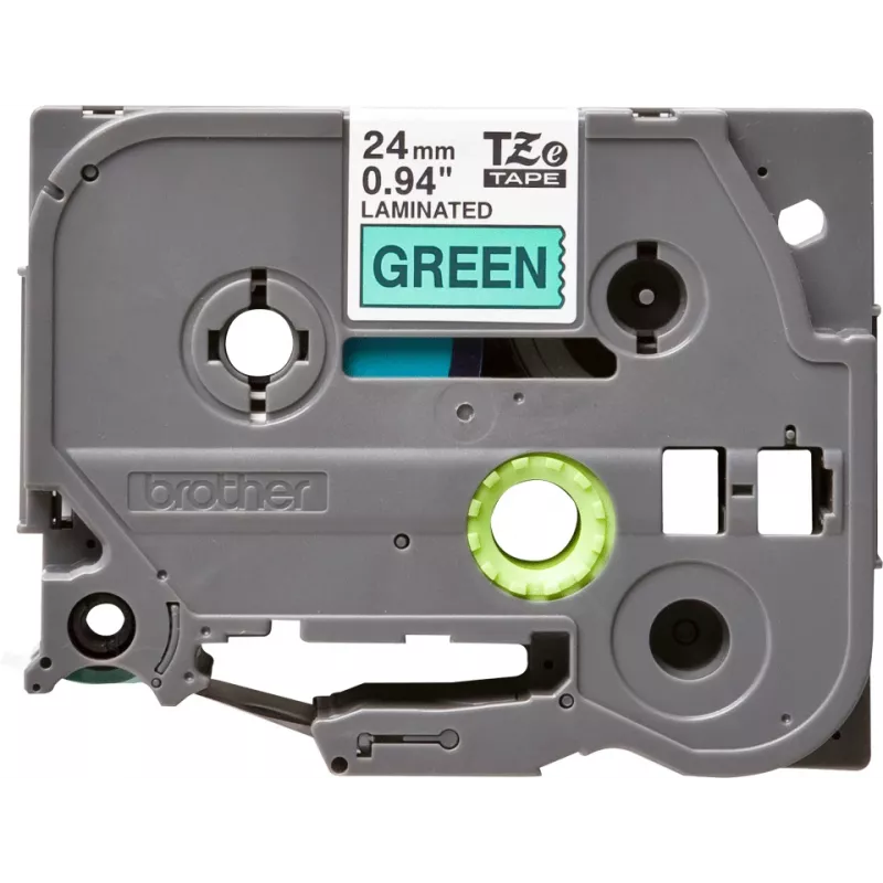 Laminēta līmlente Brother TZe-751 24 mm — melns teksts uz zaļa fona, 8 m, pelēka kasete