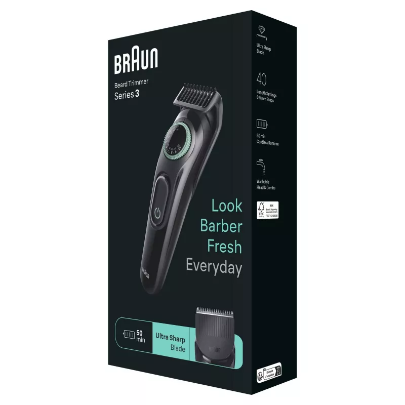 Braun BeardTrimmer 3 BT3411 Baterija 40 2 cm Melns, Zaļš