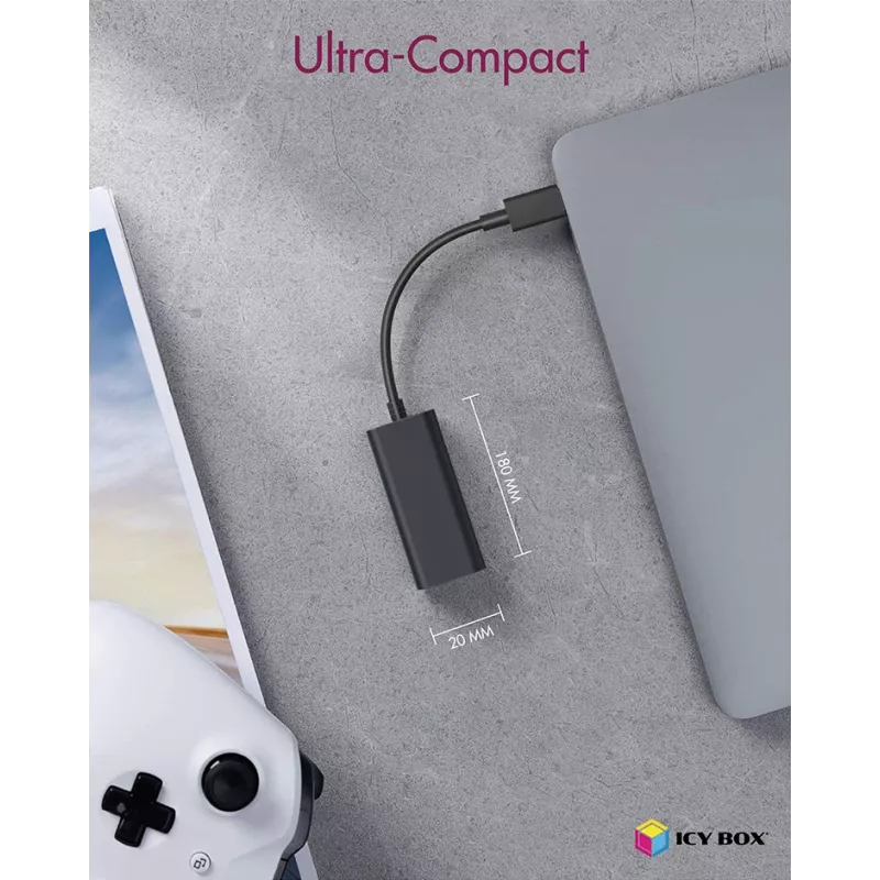 ICY BOX USB 3.0 A-Type uz RJ-45 Ethernet pieslēgvietu, vadu, USB, Ethernet, 1000 Mbit/s, Melns