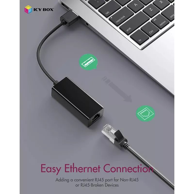ICY BOX USB 3.0 A-Type uz RJ-45 Ethernet pieslēgvietu, vadu, USB, Ethernet, 1000 Mbit/s, Melns