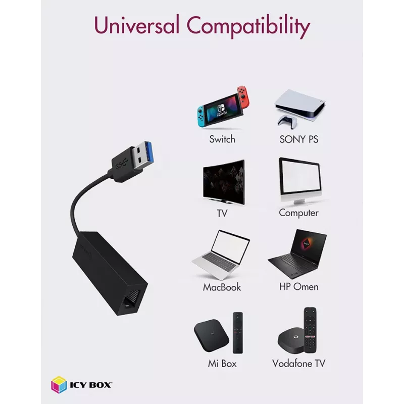 ICY BOX USB 3.0 A-Type uz RJ-45 Ethernet pieslēgvietu, vadu, USB, Ethernet, 1000 Mbit/s, Melns