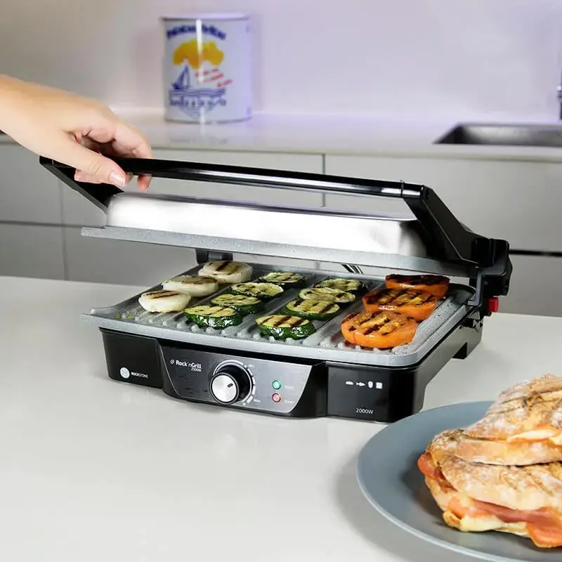 Kontaktgrils CECOTEC Rock'nGrill 2000 — 2000 W, taisnstūra, melns/nerūsējošais tērauds, regulējams termostats, 340×330×130 mm