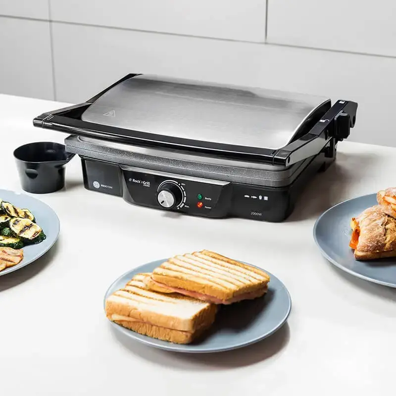 Kontaktgrils CECOTEC Rock'nGrill 2000 — 2000 W, taisnstūra, melns/nerūsējošais tērauds, regulējams termostats, 340×330×130 mm