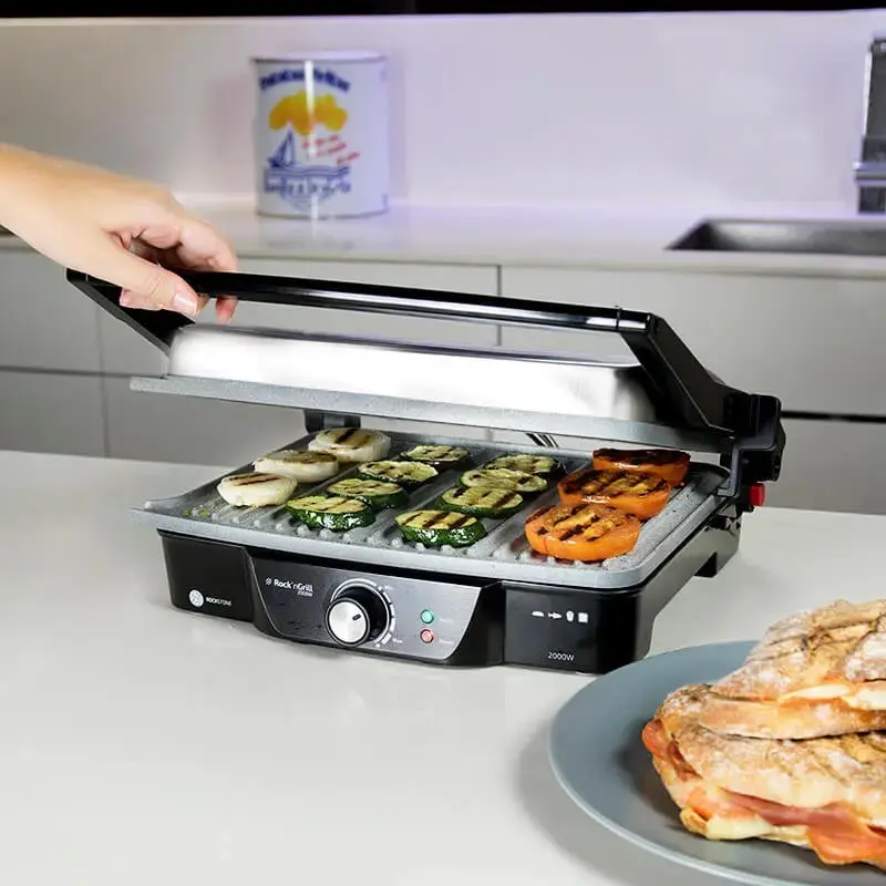 Kontaktgrils CECOTEC Rock'nGrill 2000 — 2000 W, taisnstūra, melns/nerūsējošais tērauds, regulējams termostats, 340×330×130 mm
