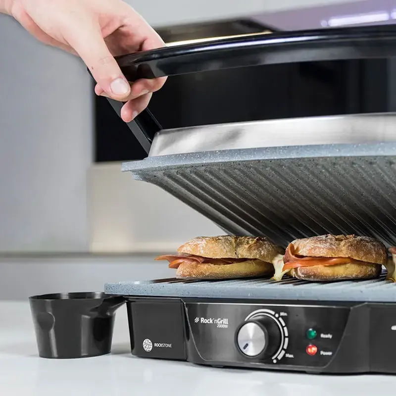 Kontaktgrils CECOTEC Rock'nGrill 2000 — 2000 W, taisnstūra, melns/nerūsējošais tērauds, regulējams termostats, 340×330×130 mm