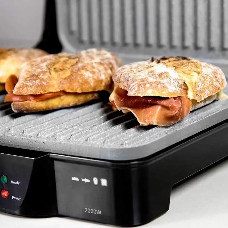 Kontaktgrils CECOTEC Rock'nGrill 2000 — 2000 W, taisnstūra, melns/nerūsējošais tērauds, regulējams termostats, 340×330×130 mm