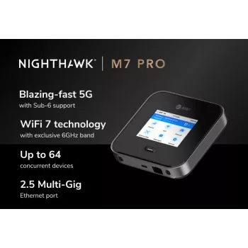 Šūnu tīkla maršrutētājs Netgear Nighthawk M7 Pro — Trīsjoslu Wi‑Fi 2.4/5/6 GHz, 5G Sub6, LTE, Gigabit Ethernet, USB-C, pārnēsājams, melns