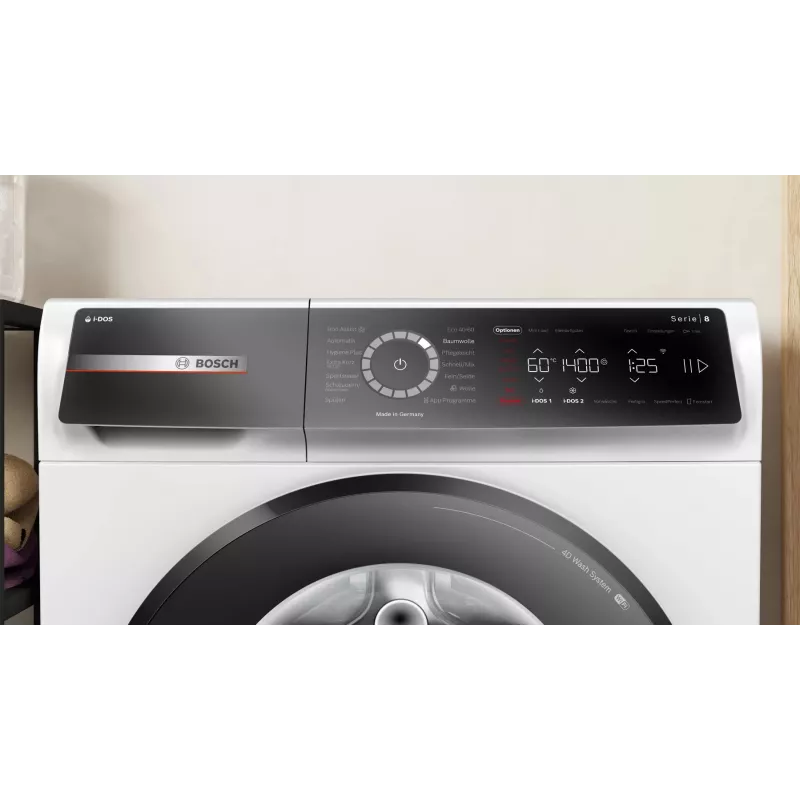 Bosch Serie 8 WGB244A40 veļas mazgājamā mašīna ar priekšējo ielādi, 9 kg, 1400 apgr./min, i-Dos, balta/melna
