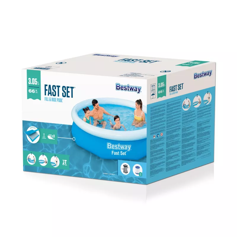 Bestway Fast Set apaļais piepūšamais baseina komplekts 3,05 m x 66 cm, 3200 L, piepūšamais baseins, bērniem un pieaugušajiem, zils, balts, 9,26 kg
