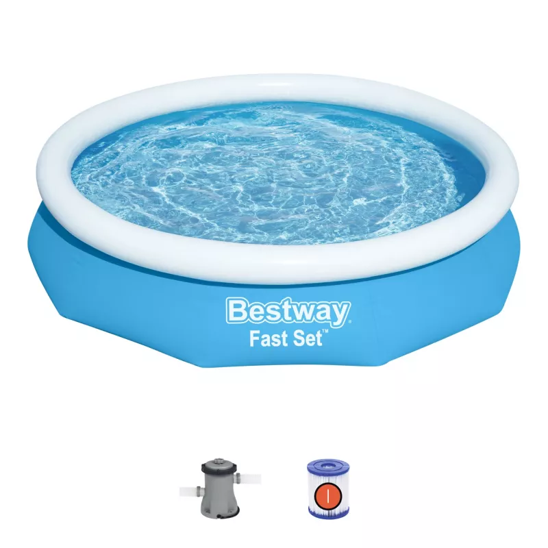 Bestway Fast Set apaļais piepūšamais baseina komplekts 3,05 m x 66 cm, 3200 L, piepūšamais baseins, bērniem un pieaugušajiem, zils, balts, 9,26 kg